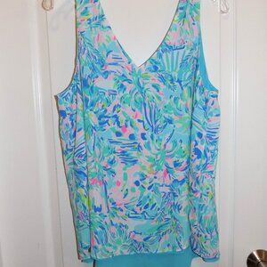 LILLY PULITZER Womens Florin Blue Floral Tank Top Large Reversible Chiffon Top